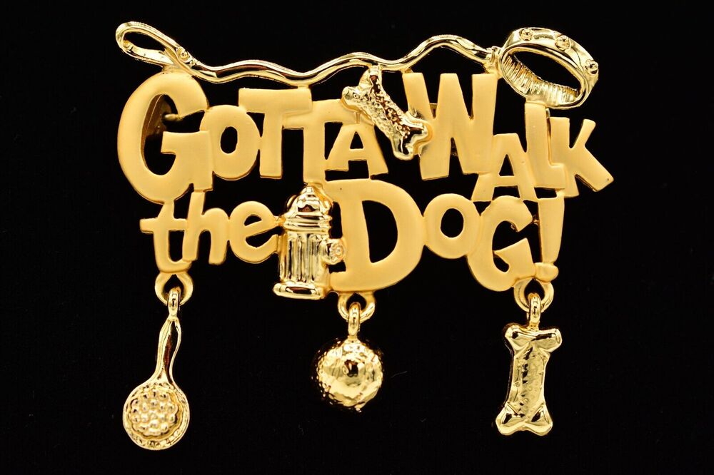 Danecraft Vintage Pin Brooch Brushed Gold Gotta Walk The Dog Walker Signed A19